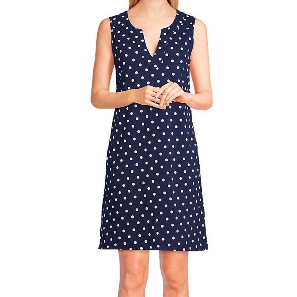 Orvis Blue and White Cotton Jersey V-Neck Sleeveless Dress